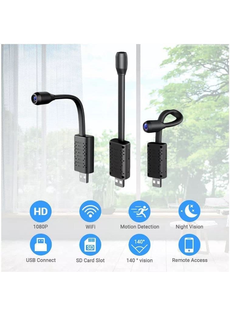 Wi-Fi USB Camera - Full HD 1080P Mini Surveillance with Night Vision, Motion Detection & Flexible Neck - Wireless Indoor/Outdoor Security for Home, Office, and Car (Flexible Camera)