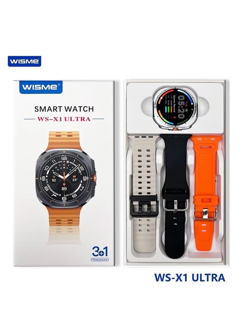 WS-X1 Ultra Smartwatch with 3 Pairs of Straps and Charging Cable – Stylish Smartwatch for Ladies and Gents, Silver – Fitness Tracker, Heart Rate Monitor, and Notifications