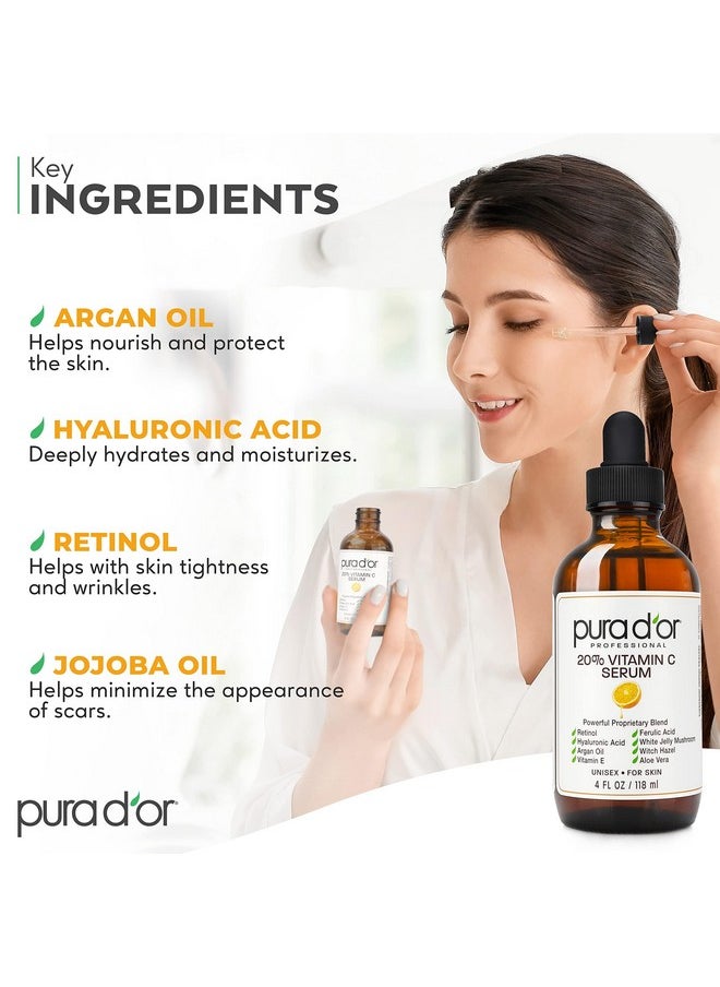 PURA D'OR 20% Vitamin C Serum 4 Oz - Lightweight Maximum Strength Formula - Retinol, Hyaluronic Acid, Ferulic Acid - Professional Grade Treatment For Face & Eyes, Wrinkles - Men & Women
