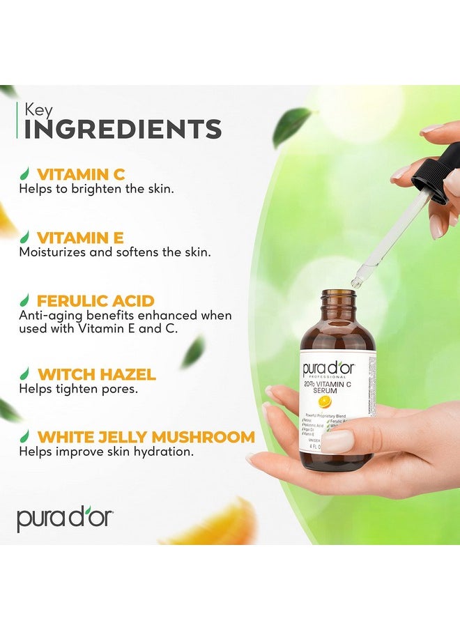PURA D'OR 20% Vitamin C Serum 4 Oz - Lightweight Maximum Strength Formula - Retinol, Hyaluronic Acid, Ferulic Acid - Professional Grade Treatment For Face & Eyes, Wrinkles - Men & Women