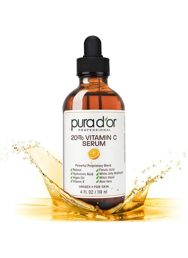 PURA D'OR 20% Vitamin C Serum 4 Oz - Lightweight Maximum Strength Formula - Retinol, Hyaluronic Acid, Ferulic Acid - Professional Grade Treatment For Face & Eyes, Wrinkles - Men & Women