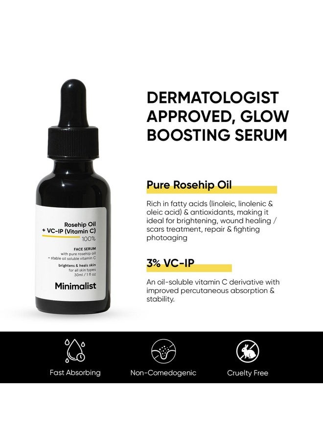 Minimalist Rosehip Oil with Vitamin C for Anti Aging & Glowing Skin | Fades Acne Marks & Scars & Reduces Photoaging | Pure & Cold Pressed | For Women & Men | 1 Fl Oz / 30 ml