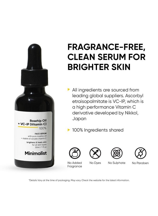 Minimalist Rosehip Oil with Vitamin C for Anti Aging & Glowing Skin | Fades Acne Marks & Scars & Reduces Photoaging | Pure & Cold Pressed | For Women & Men | 1 Fl Oz / 30 ml