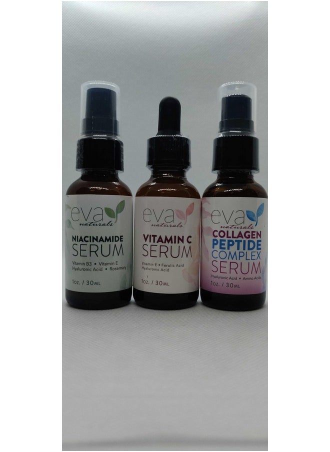 Natural Firm & Glow Skincare Set of 3 Serums - Skin Care Products With 20% Vitamin C Serum, Peptide Complex Serum, Niacinamide Vitamin B3 Serum - Peptides Serum for Face - Face Serum by Eva Naturals