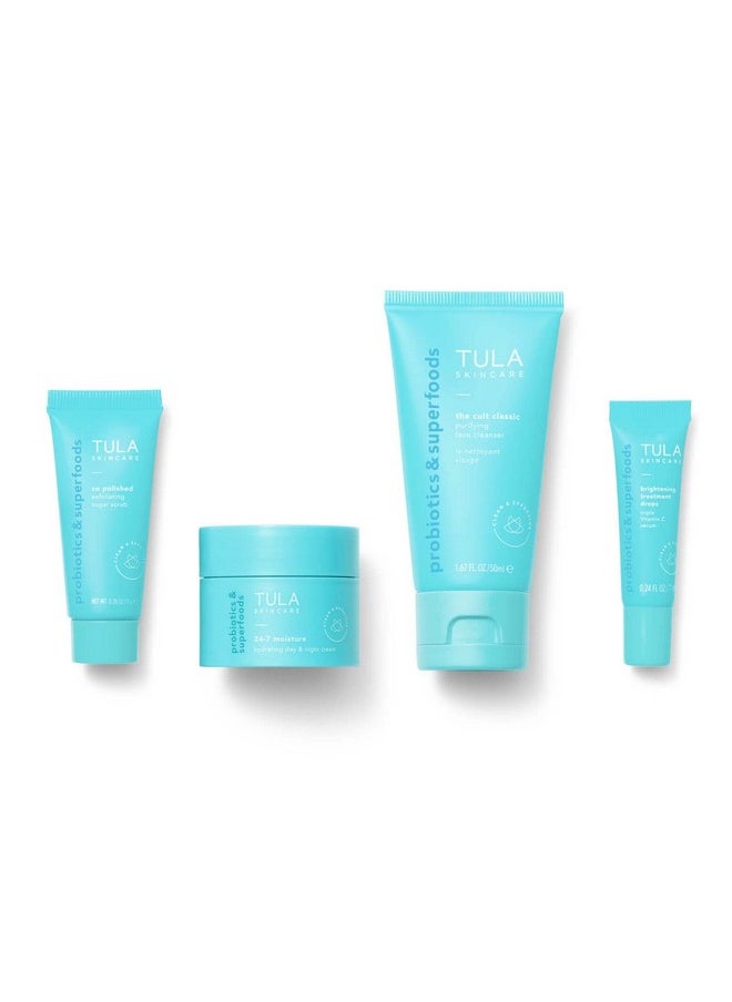 Tula Skin Care On the Go Best Sellers Travel Kit | Facial Cleanser, Day & Night Moisturizer, Sugar Scrub & Vitamin C Serum for Glowing, Radiant Skin, 1.0 Count