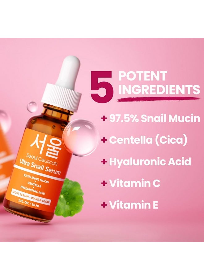 SeoulCeuticals Korean Skin Care 97.5% Snail Mucin Serum - K Beauty Skincare Night Serum Hyaluronic Acid for Face - Centella Anti Wrinkle Serum 1oz