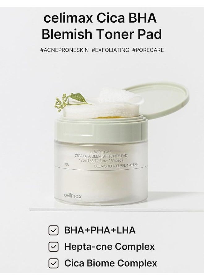 Ji Woo Gae CICA BHA Blemish Toner Pad (60 Pads) 170ml, For Acne-prone and Sensitive Skin