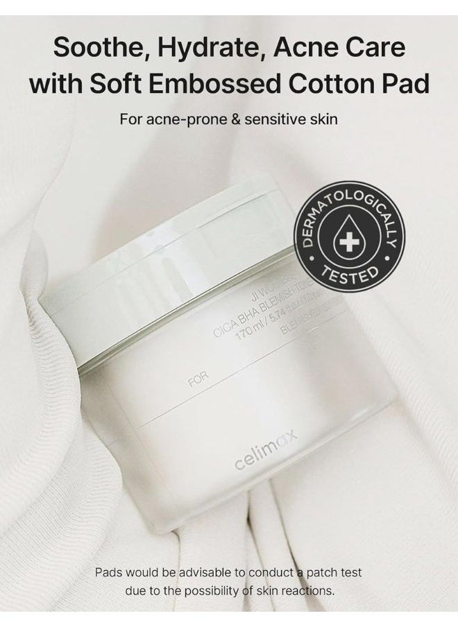 Ji Woo Gae CICA BHA Blemish Toner Pad (60 Pads) 170ml, For Acne-prone and Sensitive Skin