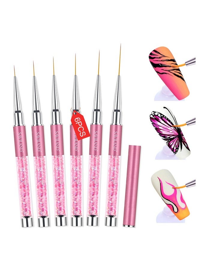 SAVILAND 6pcs Nail Art Liner Brushes Set: Nail Brush Gel Polish Painting Nail Art Design Brushes Pen with Crushed Diamond Rhinestone Handle for Pulling Lines,Sizes 7/9/11/13/17/23 mm