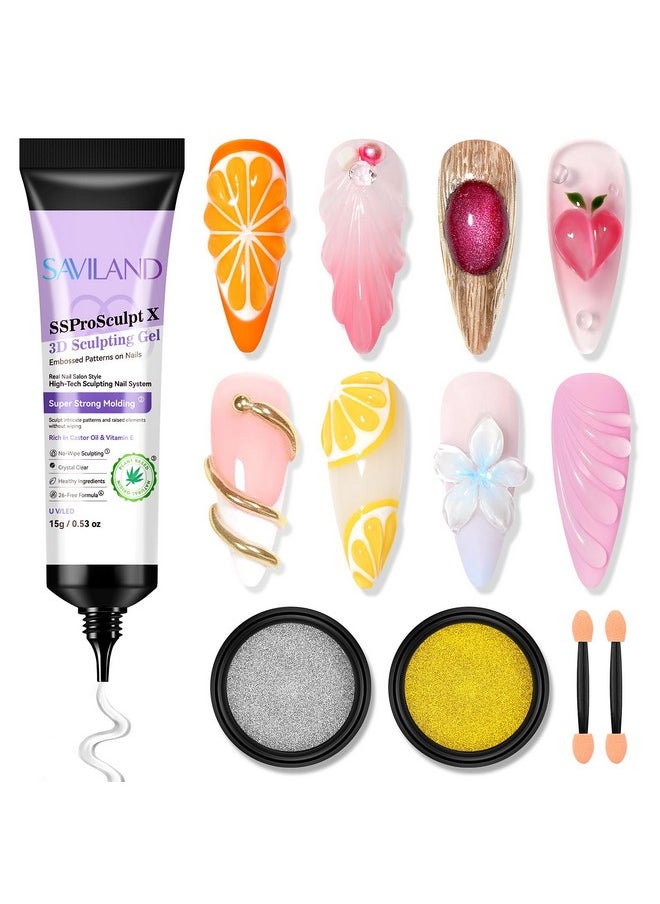 SAVILAND 3D Nail Gel and Chrome Nail Powder Kit: 15g No Wipe Clear 3D Sculpting Gel for Nail Art, 3D Carving Nail Molding Gel & Metallic Chrome Powder Set for Gel Nail Art Decoration Home Manicure DIY
