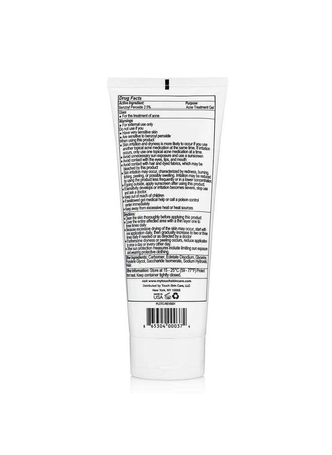 Touch Benzoyl Peroxide 2.5% Gel Cream For Acne - Pimples and Cystic Acne Spot & Daily Face and Back Medication for Adults & Teens - Goes on Clear Lightweight & Non-Drying - Large 8 oz.