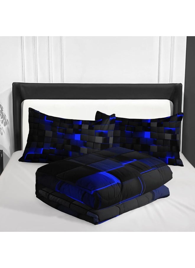 Nttopship Geometric Blue Black Comforter Set, Light Honeycomb 3 Piece Bedding Set Queen Size for Teen Boys, Modern Quilt Set Geometry Decor, Microfiber Lightweight 1 Comforter 2 Pillowcases All Season