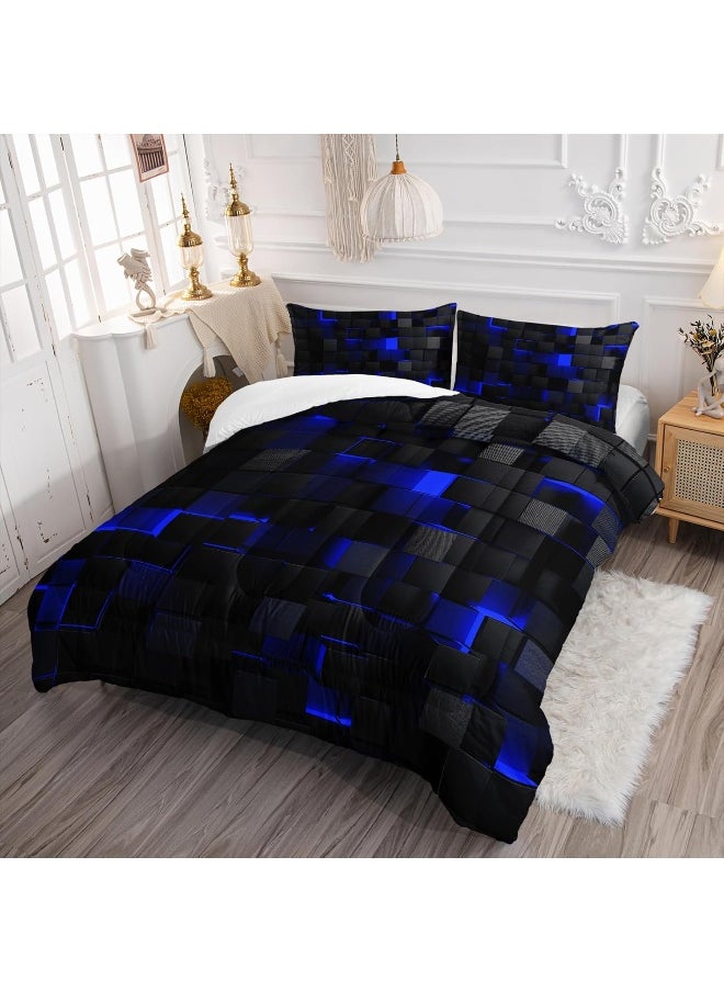 Nttopship Geometric Blue Black Comforter Set, Light Honeycomb 3 Piece Bedding Set Queen Size for Teen Boys, Modern Quilt Set Geometry Decor, Microfiber Lightweight 1 Comforter 2 Pillowcases All Season