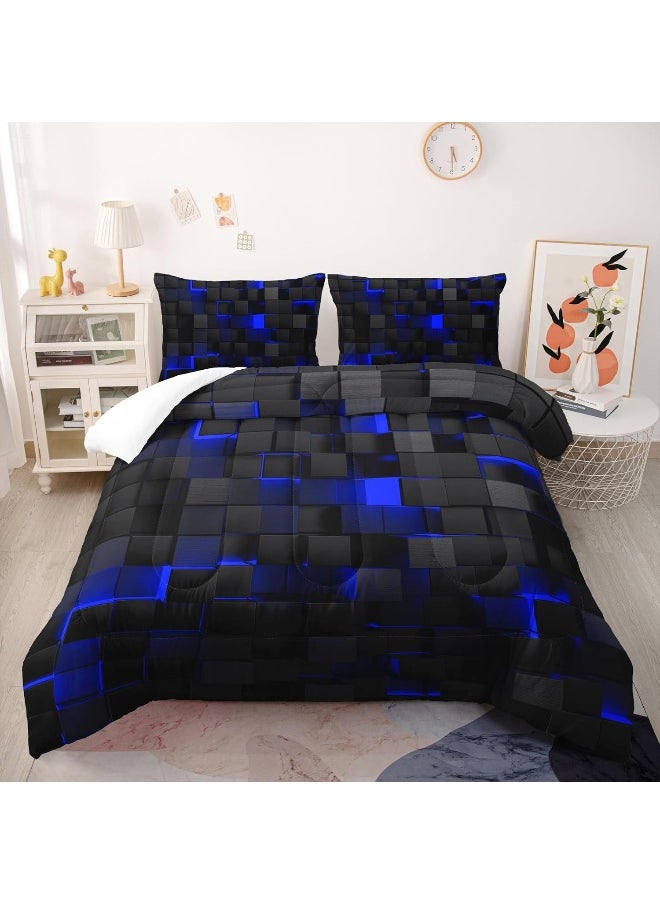 Nttopship Geometric Blue Black Comforter Set, Light Honeycomb 3 Piece Bedding Set Queen Size for Teen Boys, Modern Quilt Set Geometry Decor, Microfiber Lightweight 1 Comforter 2 Pillowcases All Season