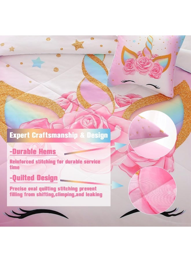 Keyroal 6Pcs Unicorn Full Bedding Sets for Girls Kids, 3D Colorful Flower Girl Unicorn Comforter Set with Sheet Set