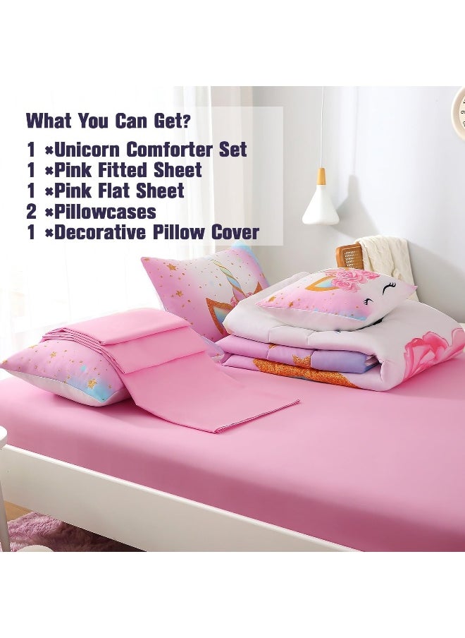 Keyroal 6Pcs Unicorn Full Bedding Sets for Girls Kids, 3D Colorful Flower Girl Unicorn Comforter Set with Sheet Set