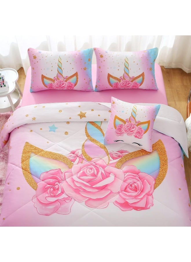 Keyroal 6Pcs Unicorn Full Bedding Sets for Girls Kids, 3D Colorful Flower Girl Unicorn Comforter Set with Sheet Set