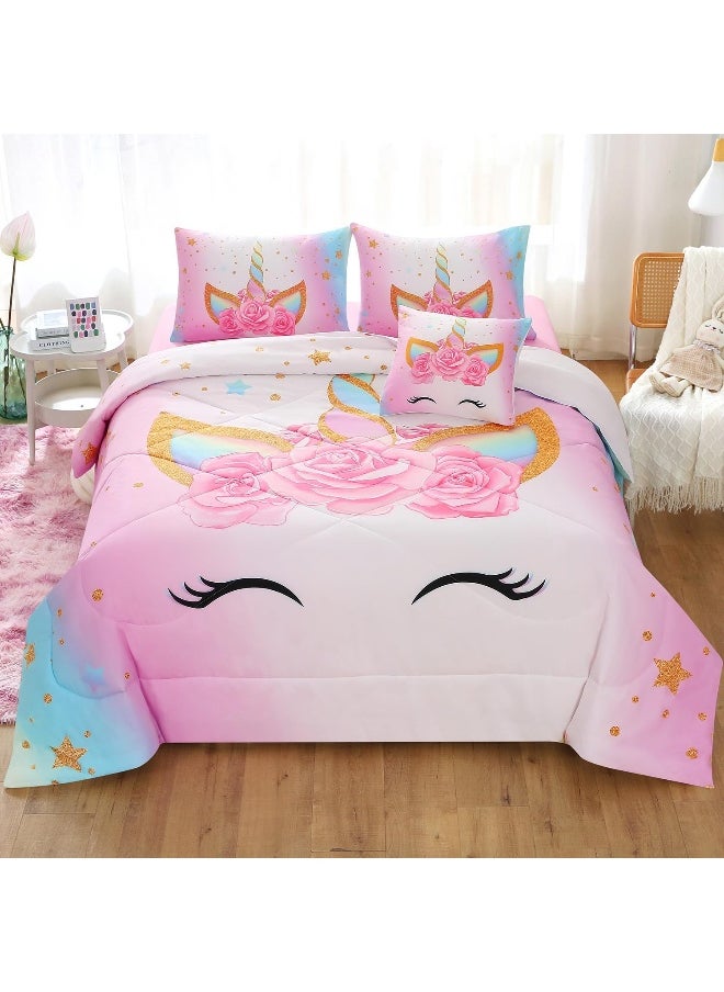 Keyroal 6Pcs Unicorn Full Bedding Sets for Girls Kids, 3D Colorful Flower Girl Unicorn Comforter Set with Sheet Set