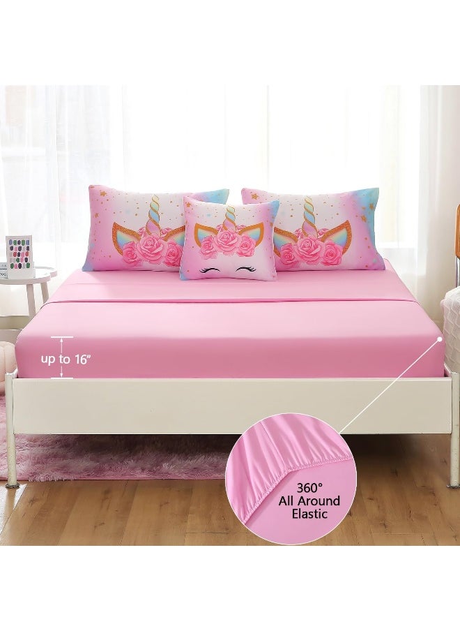 Keyroal 6Pcs Unicorn Full Bedding Sets for Girls Kids, 3D Colorful Flower Girl Unicorn Comforter Set with Sheet Set