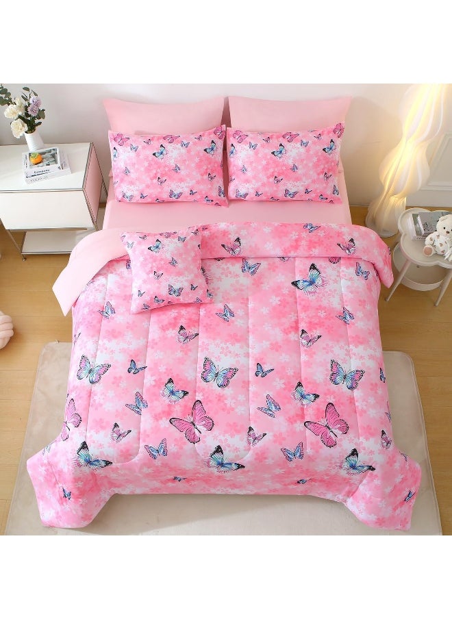 JQinHome 8 Piece Butterfly Comforter Set Full, 3D Pink Flower Printed Butterfly Bedding Set, All Season Microfiber Butterfly Theme Home Decor Bedding for Girls with Sheet Sets(Pink)