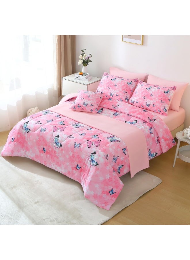 JQinHome 8 Piece Butterfly Comforter Set Full, 3D Pink Flower Printed Butterfly Bedding Set, All Season Microfiber Butterfly Theme Home Decor Bedding for Girls with Sheet Sets(Pink)