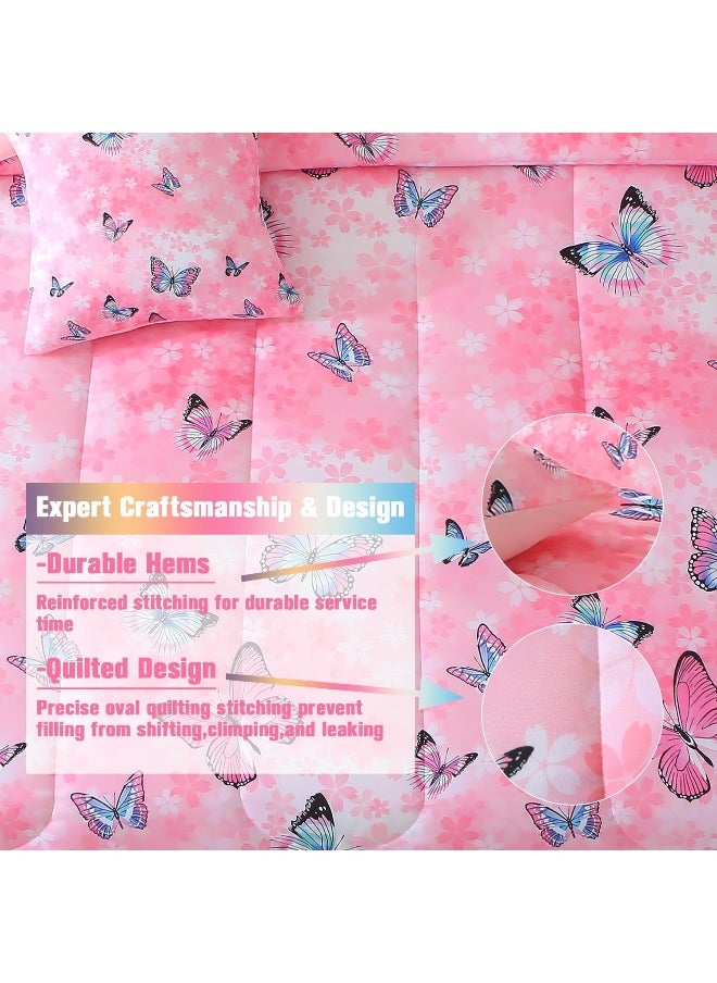 JQinHome 8 Piece Butterfly Comforter Set Full, 3D Pink Flower Printed Butterfly Bedding Set, All Season Microfiber Butterfly Theme Home Decor Bedding for Girls with Sheet Sets(Pink)