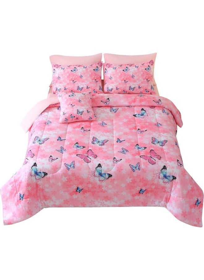 JQinHome 8 Piece Butterfly Comforter Set Full, 3D Pink Flower Printed Butterfly Bedding Set, All Season Microfiber Butterfly Theme Home Decor Bedding for Girls with Sheet Sets(Pink)