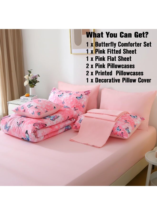 JQinHome 8 Piece Butterfly Comforter Set Full, 3D Pink Flower Printed Butterfly Bedding Set, All Season Microfiber Butterfly Theme Home Decor Bedding for Girls with Sheet Sets(Pink)