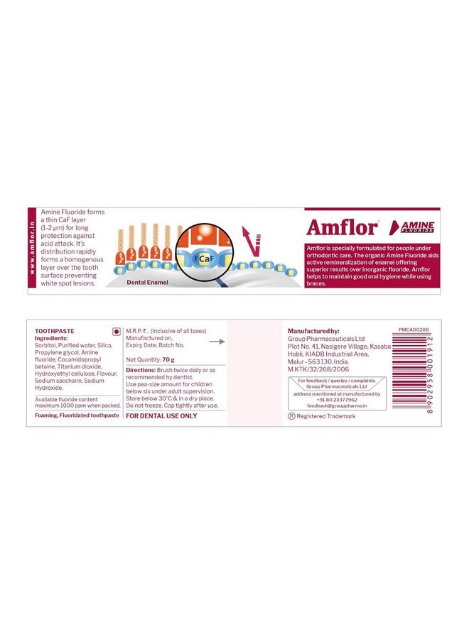 Amflor Toothpaste for Braces | Prevents Cavities & White Spot Lesions | Organic Amine Fluoride for Enamel Remineralization| Mint Flavour Orthodontic Toothpaste | Pack of 6 (70 g per pack)