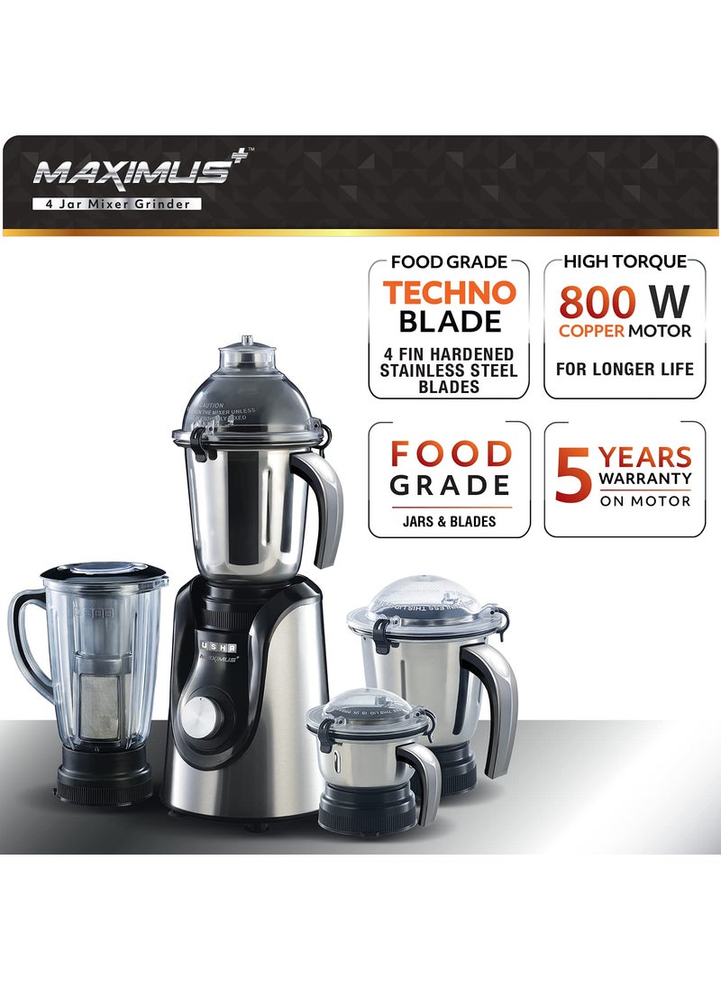 Usha Maximus Plus 800-Watt Copper Motor Mixer Grinder with 4 Jars and 5 Years Motor Warranty(Black & Stainless steel)