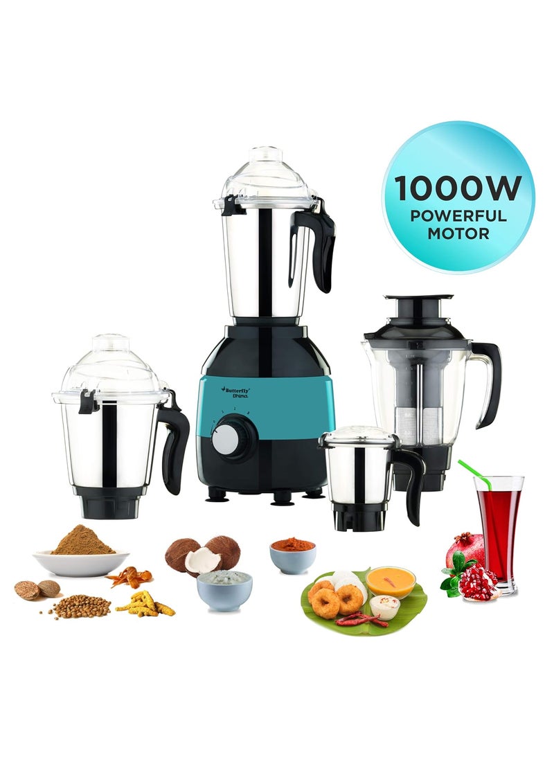 Butterfly Bhima 1000 Watts Mixer Grinder with 4 Jars (Turquoise) Plastic