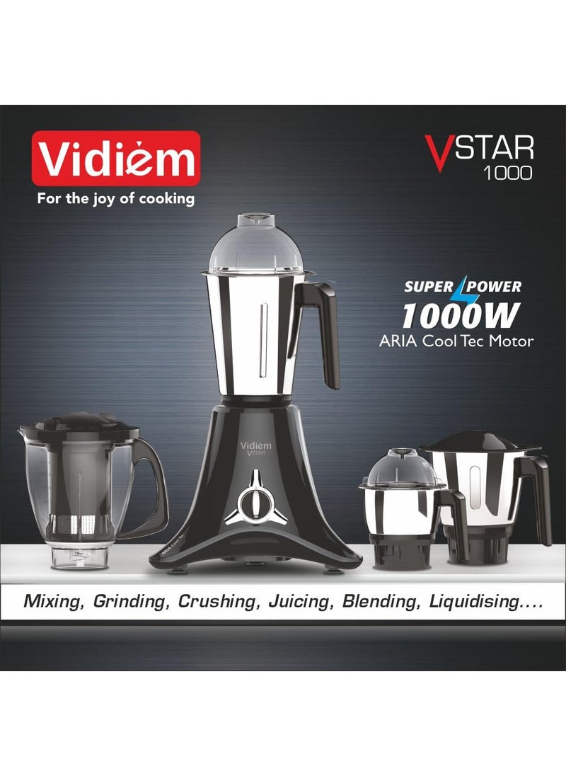 Vidiem Mixer Grinder 618 A VSTAR 1000 watt (Black) with 3 Leakproof Jars & 1 Juicer Mixer Grinder | self-lock for wet & dry spices, chutneys & curries | 2 Years Warranty