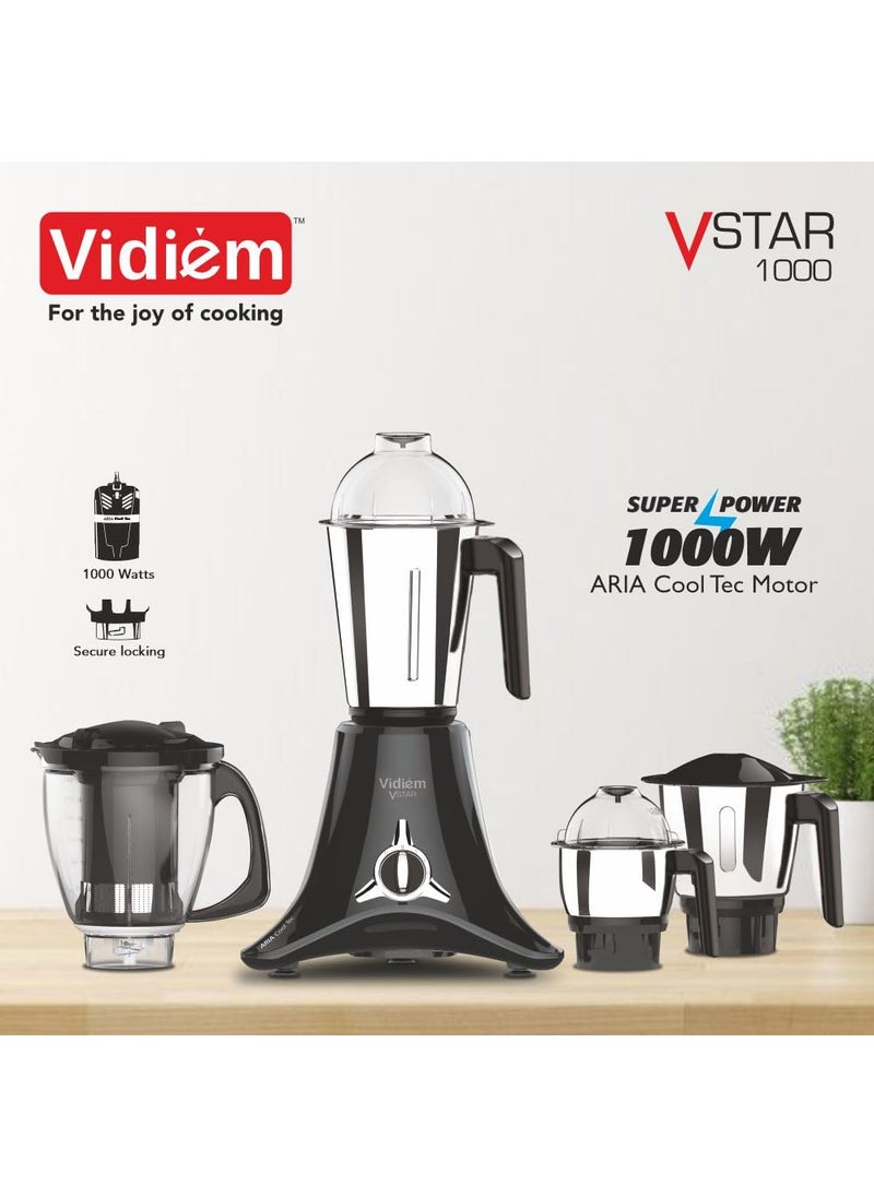 Vidiem Mixer Grinder 618 A VSTAR 1000 watt (Black) with 3 Leakproof Jars & 1 Juicer Mixer Grinder | self-lock for wet & dry spices, chutneys & curries | 2 Years Warranty