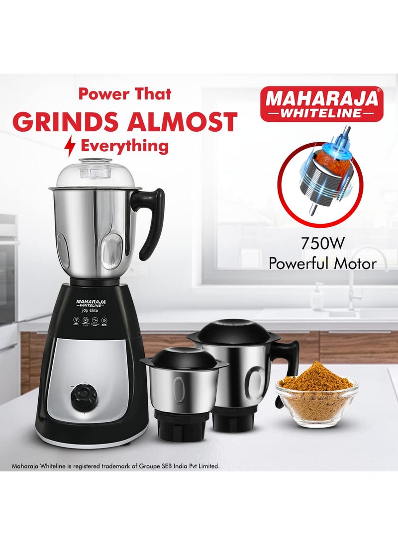 Maharaja Whiteline Joy Elite Mixer Grinder with 4 Jars, Long Lasting Performance with 750 Watt Motor | Jar Flow Breaker | 5 Year Motor Warranty (Black & Grey)