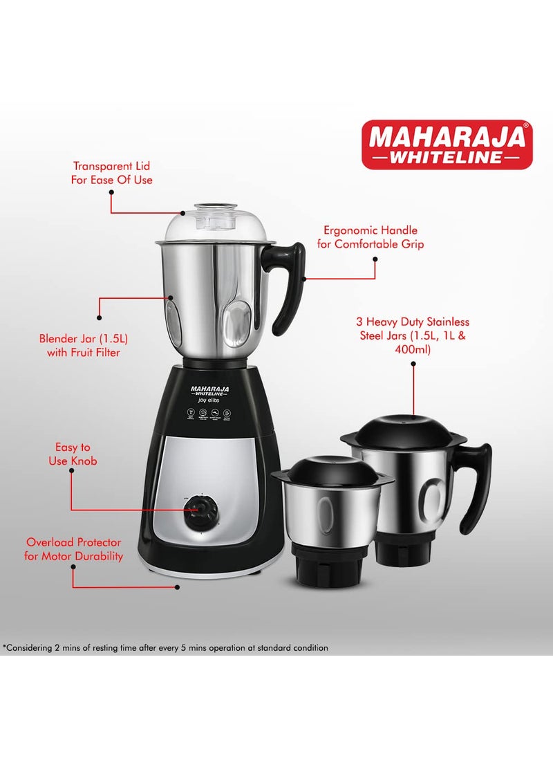Maharaja Whiteline Joy Elite Mixer Grinder with 4 Jars, Long Lasting Performance with 750 Watt Motor | Jar Flow Breaker | 5 Year Motor Warranty (Black & Grey)