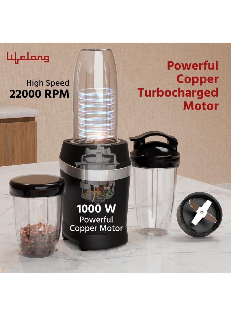 Lifelong Nutri Blender for Smoothies and Juices 100% Copper Motor- 1000 Watt & 22000 RPM | Detachable Handle 3 jars Mixer Grinder, Electric Blender for Kitchen, Fruits & Vegatable, 6 Leaf Blade