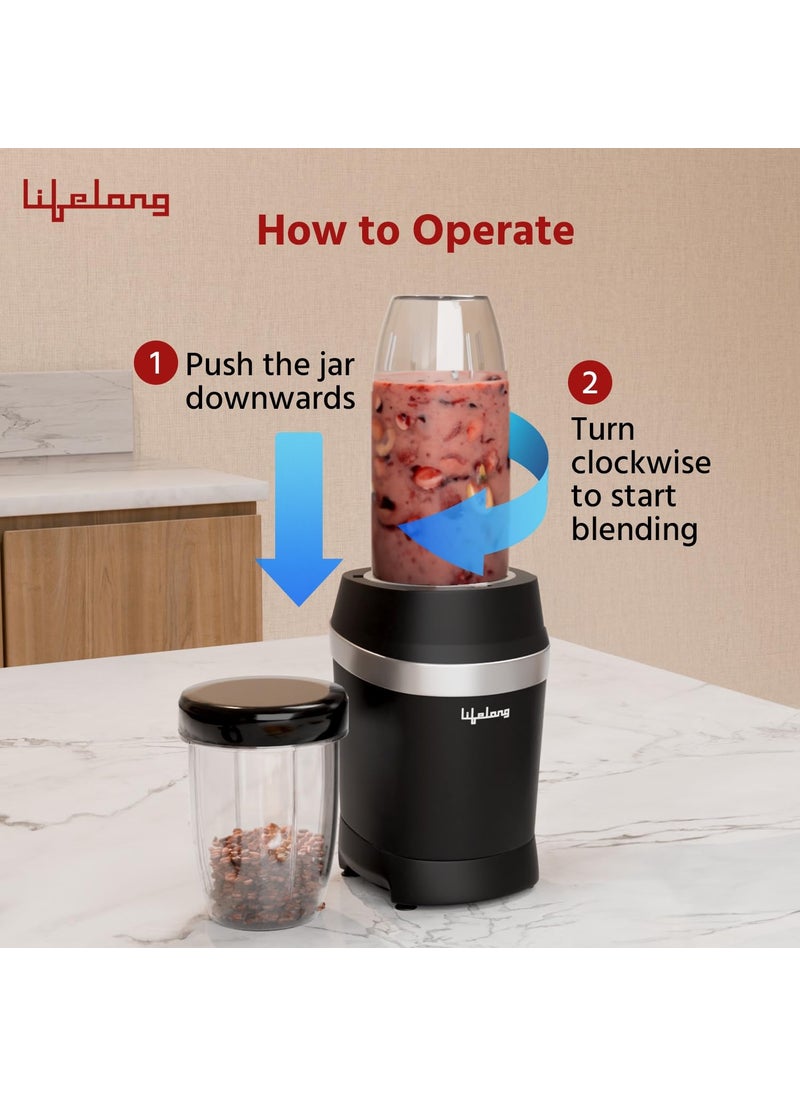 Lifelong Nutri Blender for Smoothies and Juices 100% Copper Motor- 1000 Watt & 22000 RPM | Detachable Handle 3 jars Mixer Grinder, Electric Blender for Kitchen, Fruits & Vegatable, 6 Leaf Blade