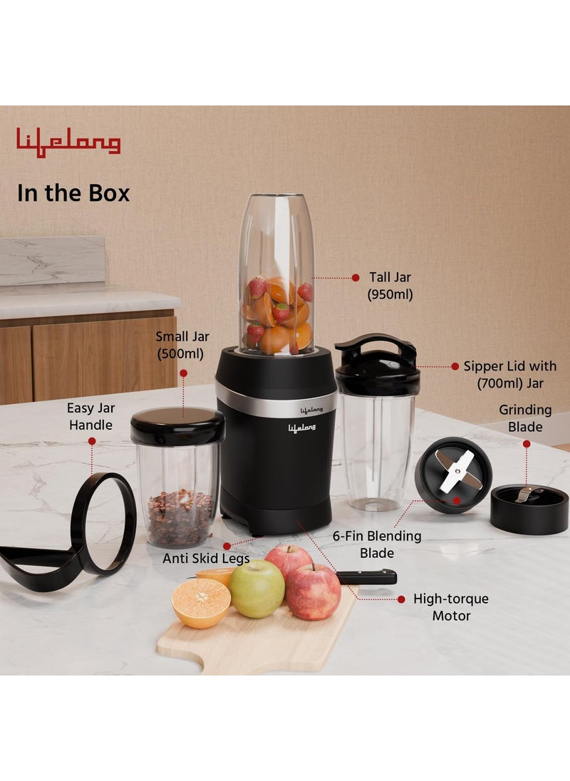 Lifelong Nutri Blender for Smoothies and Juices 100% Copper Motor- 1000 Watt & 22000 RPM | Detachable Handle 3 jars Mixer Grinder, Electric Blender for Kitchen, Fruits & Vegatable, 6 Leaf Blade