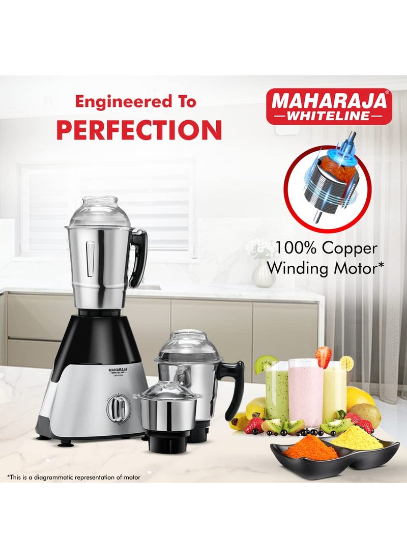 Maharaja Whiteline Infinimax HD Mixer Grinder with 3 Jars, 1000 Watts, Silver & Black, 5 Years Warranty on Motor, Plastic