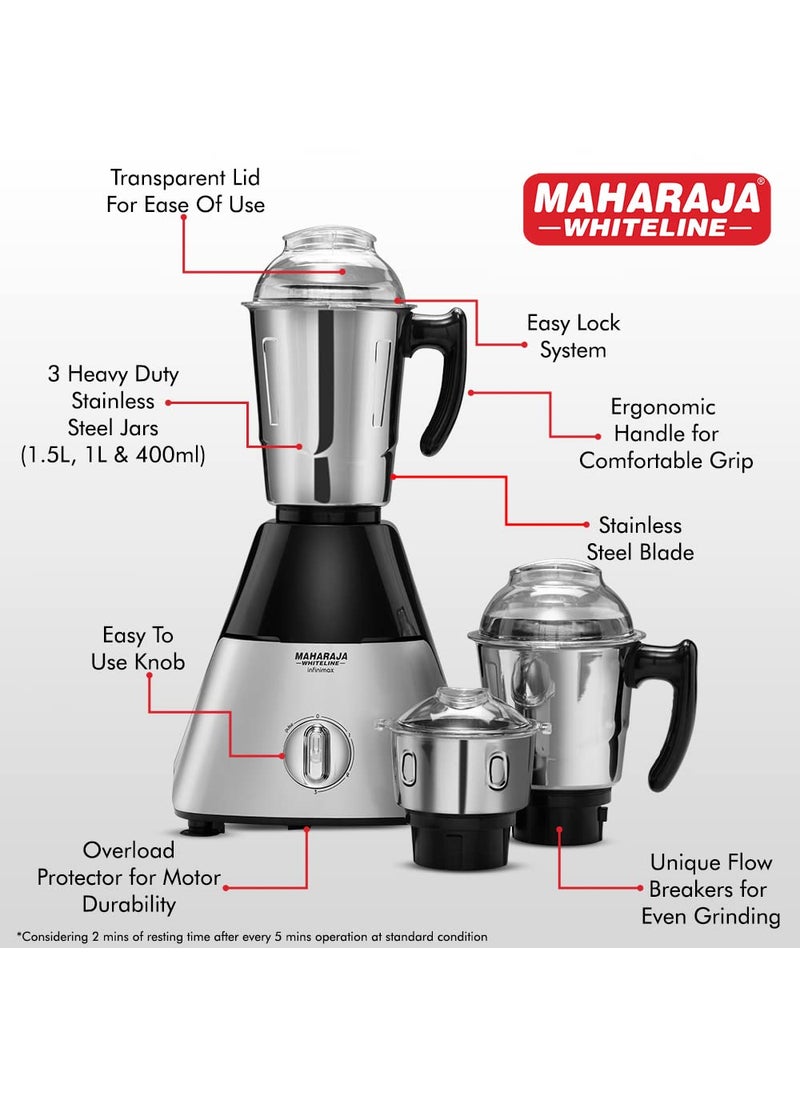 Maharaja Whiteline Infinimax HD Mixer Grinder with 3 Jars, 1000 Watts, Silver & Black, 5 Years Warranty on Motor, Plastic