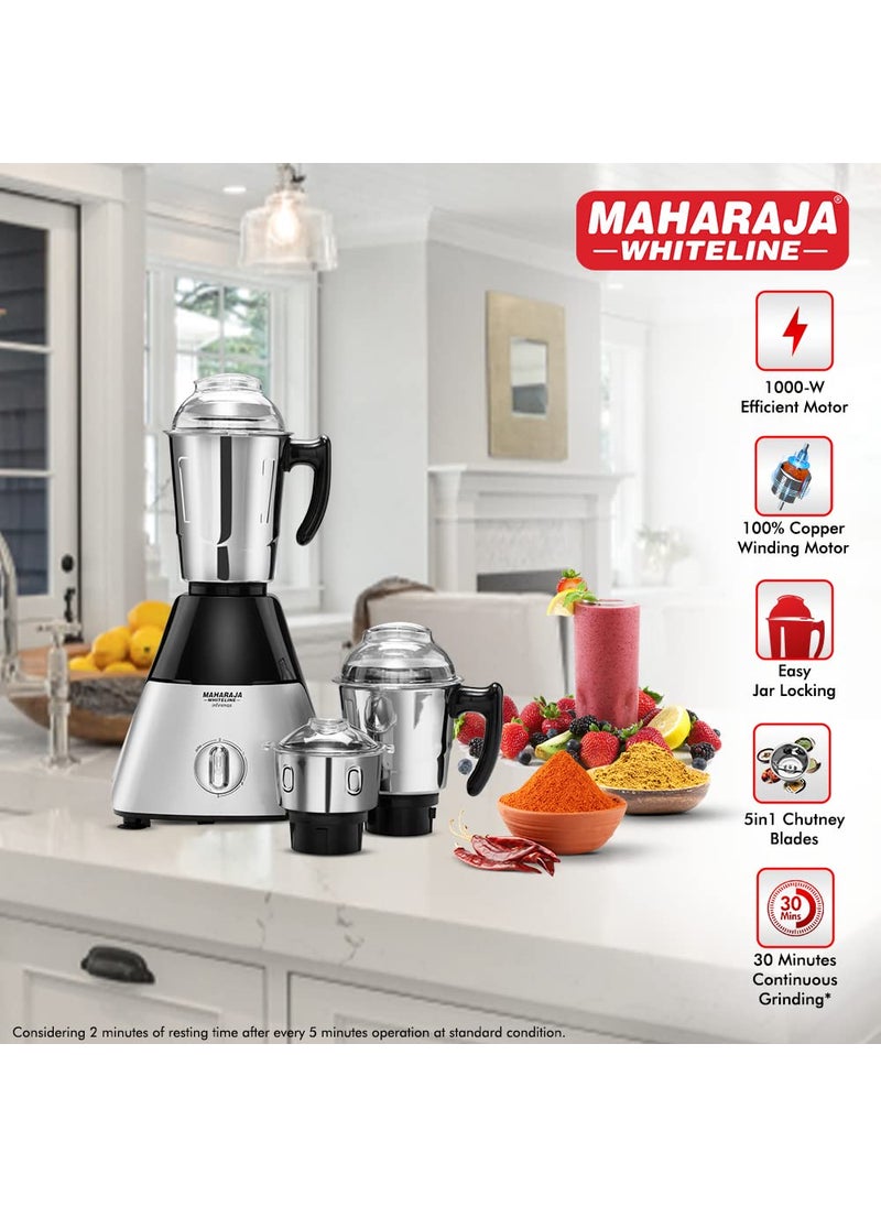Maharaja Whiteline Infinimax HD Mixer Grinder with 3 Jars, 1000 Watts, Silver & Black, 5 Years Warranty on Motor, Plastic
