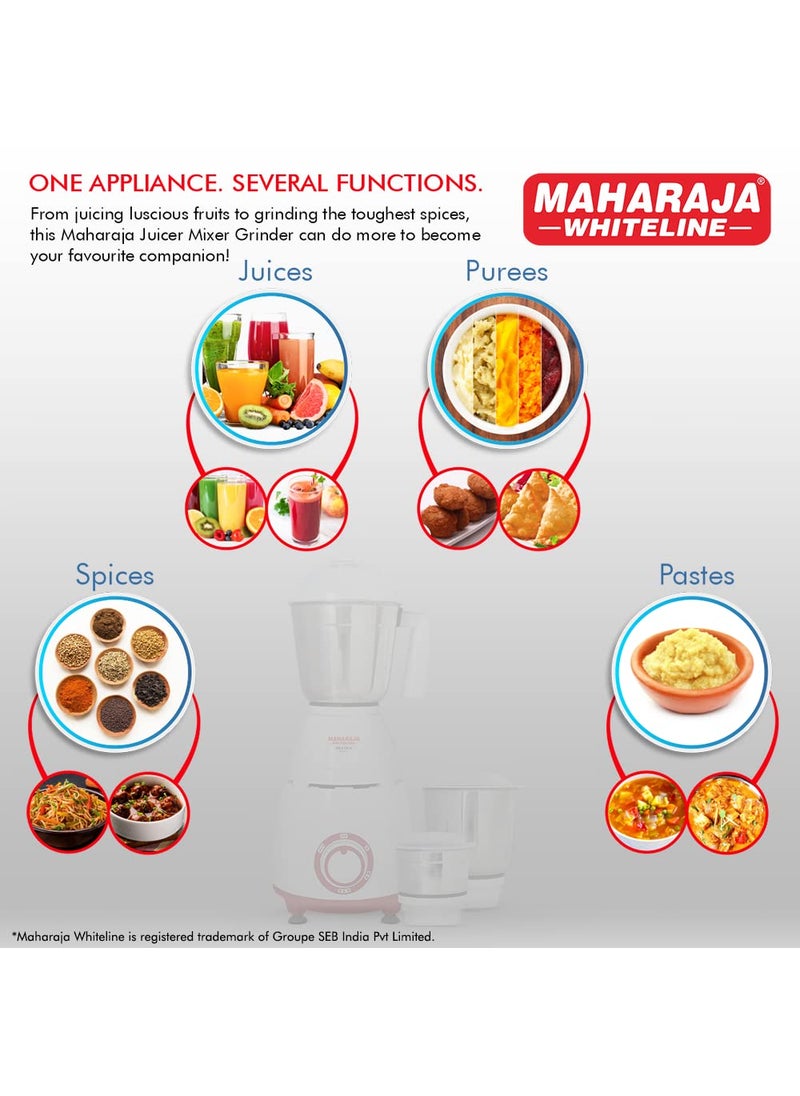 Maharaja Whiteline Neo DLX Mixer Grinder with Stainless Steel Jars | Long Lasting Performance with 750 Watt Motor | Overload Protector | Vacuum Feet | Ergonomic Handle | 5 Year Motor Warranty (White)