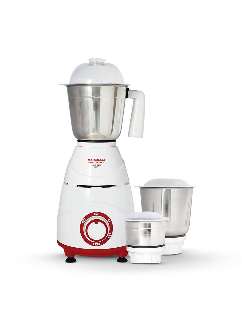 Maharaja Whiteline Neo DLX Mixer Grinder with Stainless Steel Jars | Long Lasting Performance with 750 Watt Motor | Overload Protector | Vacuum Feet | Ergonomic Handle | 5 Year Motor Warranty (White)
