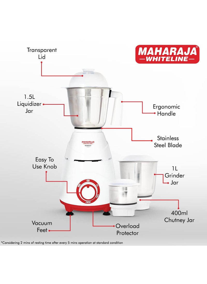 Maharaja Whiteline Neo DLX Mixer Grinder with Stainless Steel Jars | Long Lasting Performance with 750 Watt Motor | Overload Protector | Vacuum Feet | Ergonomic Handle | 5 Year Motor Warranty (White)