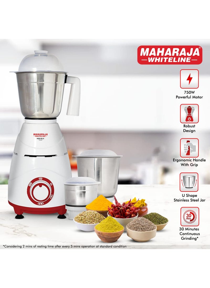 Maharaja Whiteline Neo DLX Mixer Grinder with Stainless Steel Jars | Long Lasting Performance with 750 Watt Motor | Overload Protector | Vacuum Feet | Ergonomic Handle | 5 Year Motor Warranty (White)