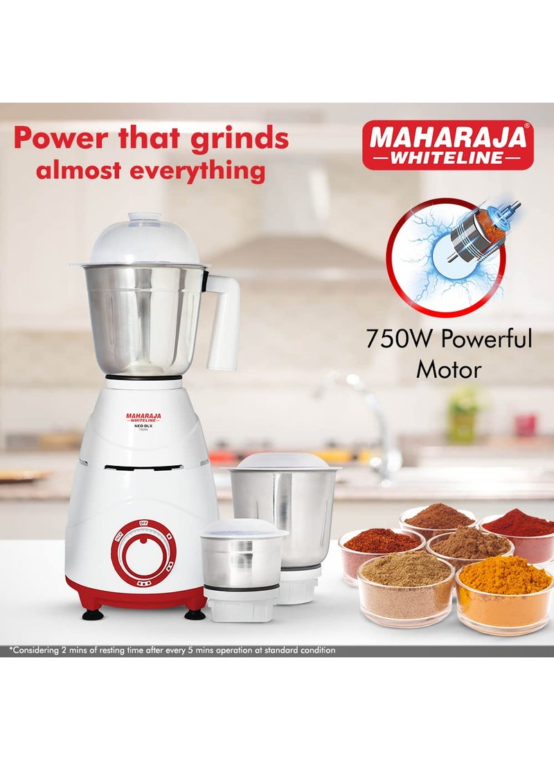 Maharaja Whiteline Neo DLX Mixer Grinder with Stainless Steel Jars | Long Lasting Performance with 750 Watt Motor | Overload Protector | Vacuum Feet | Ergonomic Handle | 5 Year Motor Warranty (White)