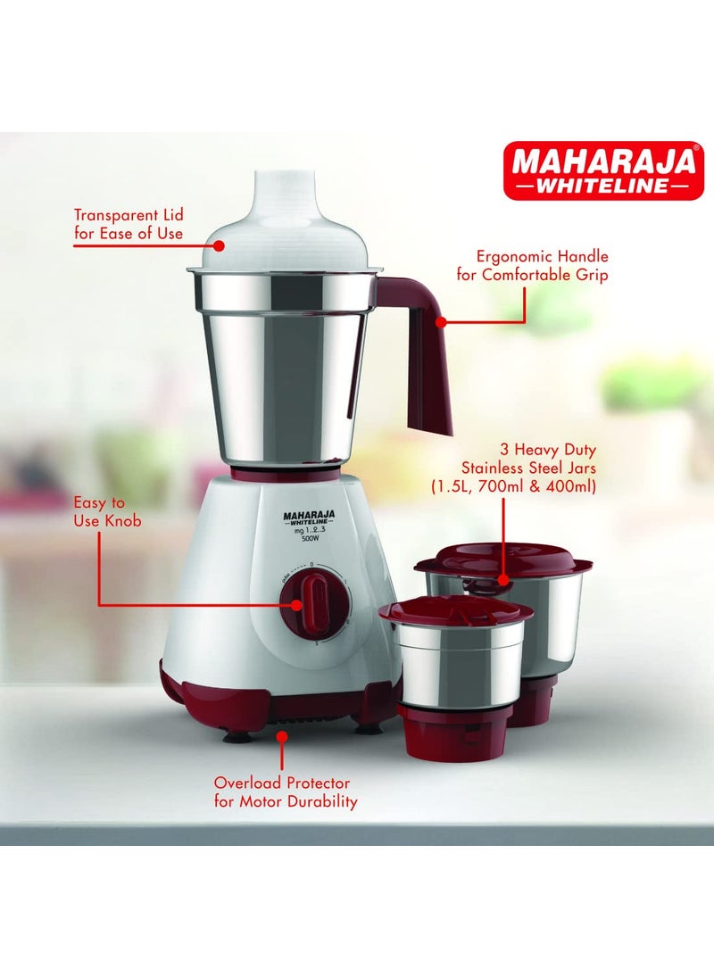 Maharaja Whiteline MG 123, 500W Mixer Grinder with 3 Jars (Cherry Red & White), Standard, MG 1.2.3 / MX-237
