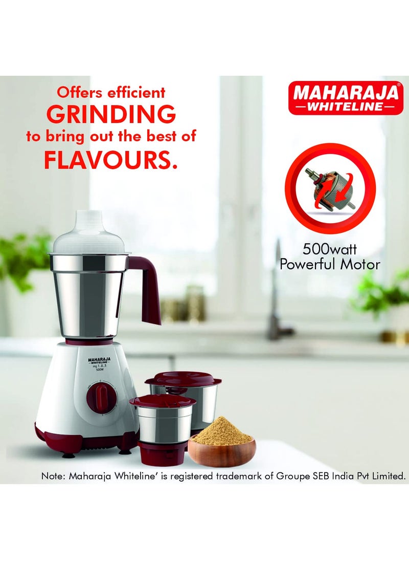 Maharaja Whiteline MG 123, 500W Mixer Grinder with 3 Jars (Cherry Red & White), Standard, MG 1.2.3 / MX-237