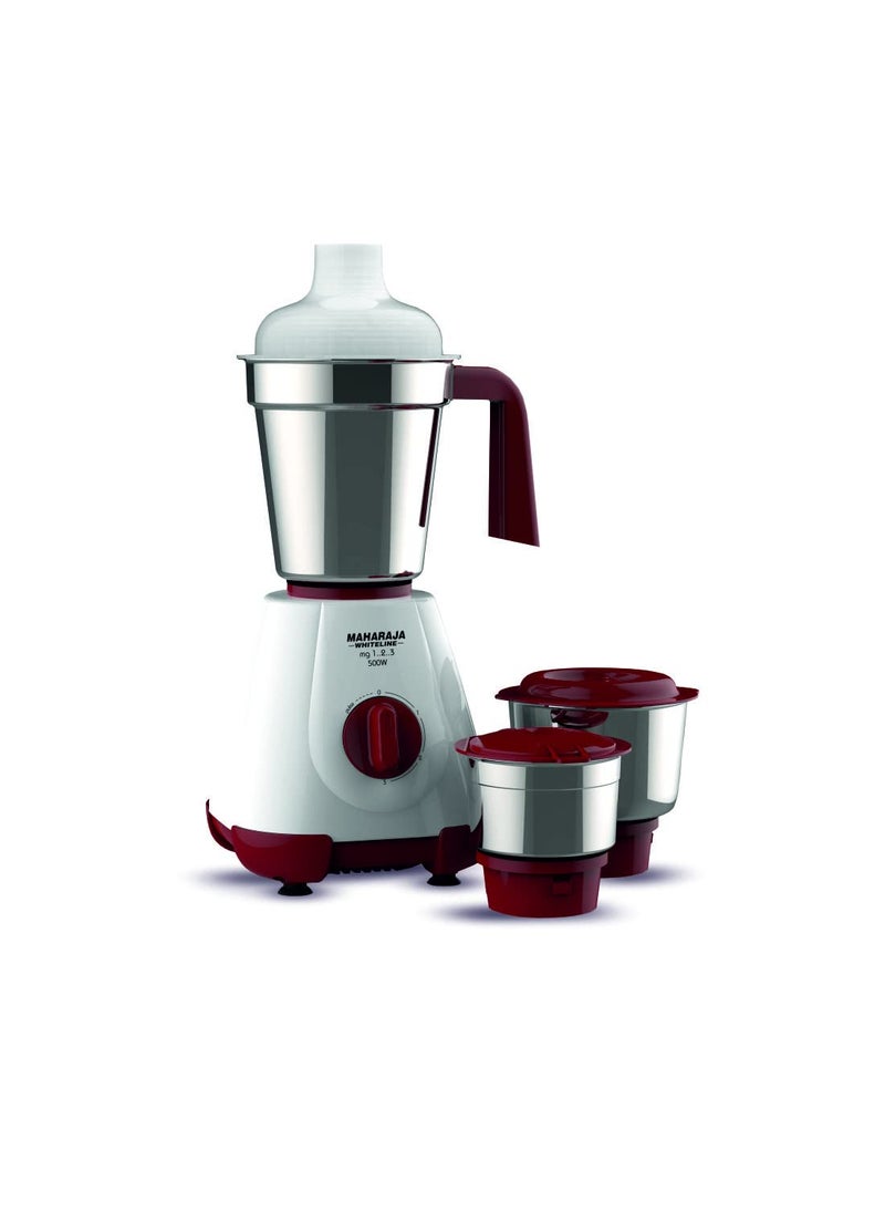 Maharaja Whiteline MG 123, 500W Mixer Grinder with 3 Jars (Cherry Red & White), Standard, MG 1.2.3 / MX-237
