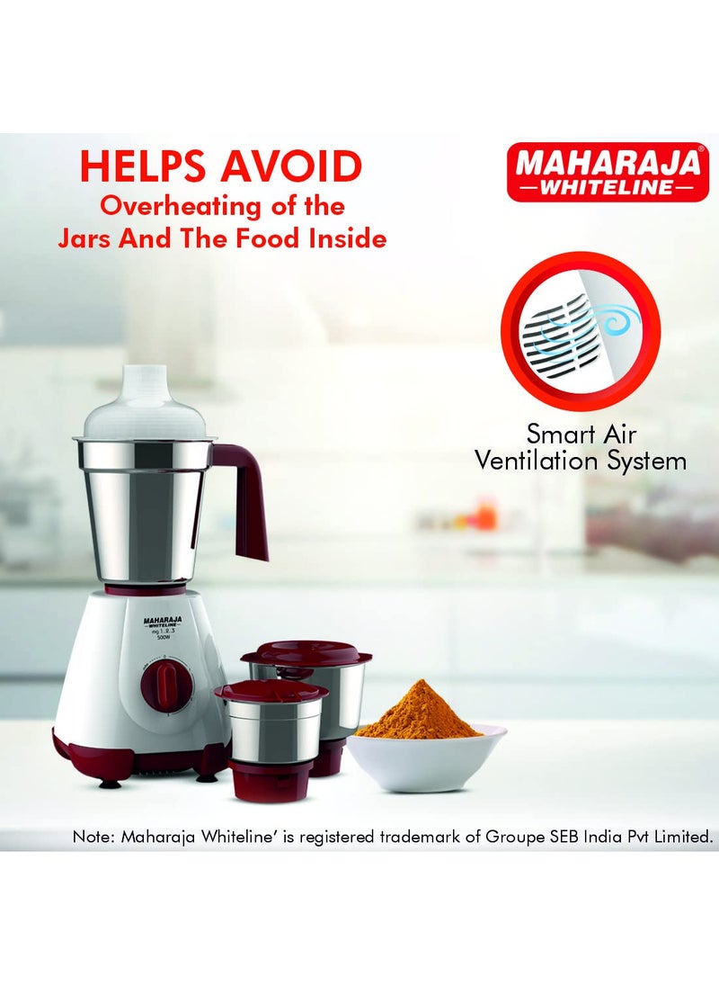 Maharaja Whiteline MG 123, 500W Mixer Grinder with 3 Jars (Cherry Red & White), Standard, MG 1.2.3 / MX-237